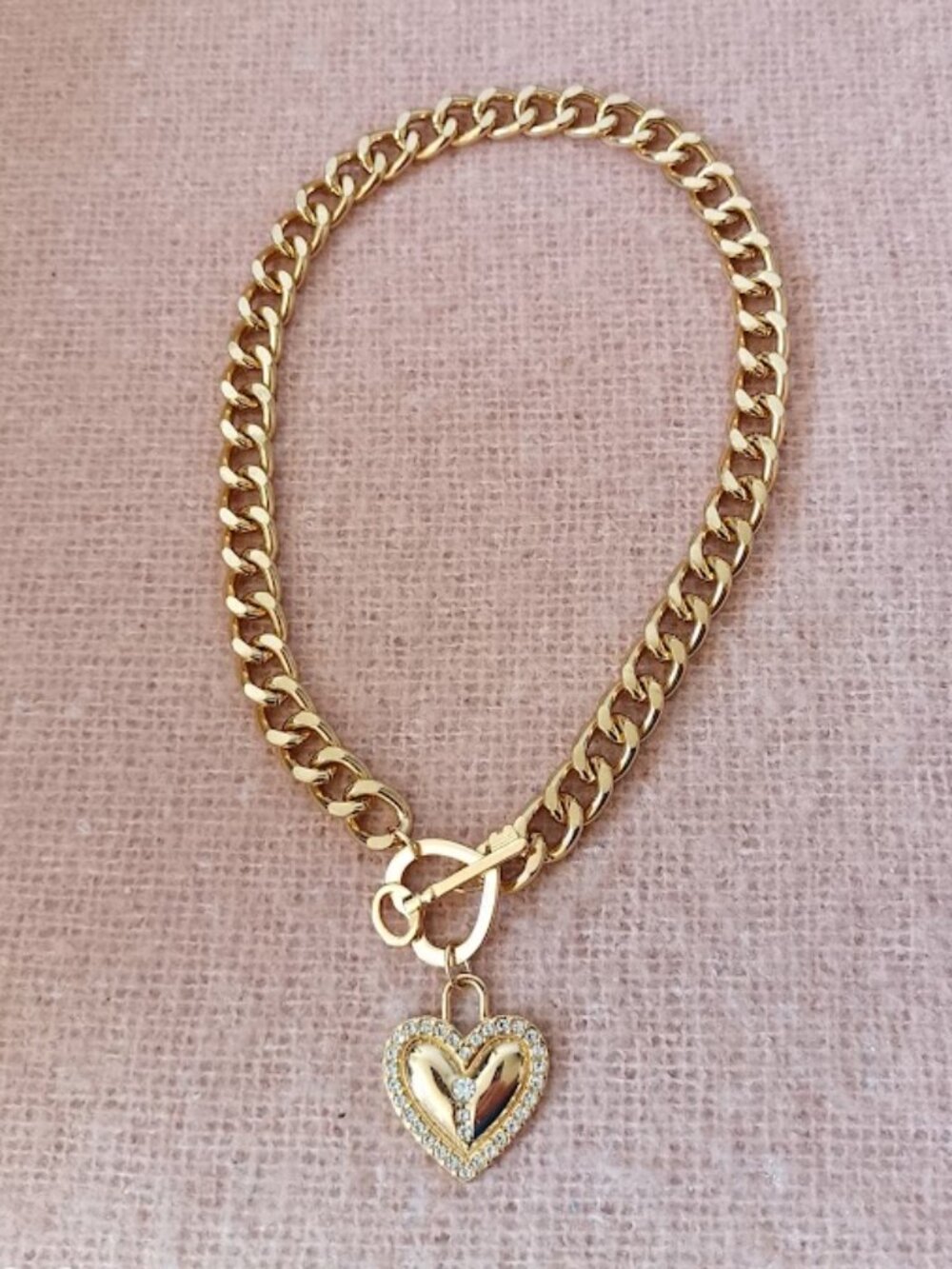 Gold Tone Chunky Chain Choker with Heart Pendant and Key Toggle